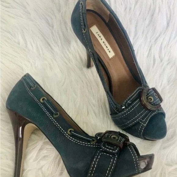 Zara Blue Suede Peep Toe Heels size 7 - Picture 3 of 12